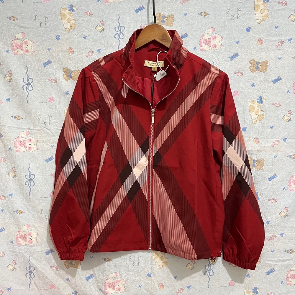Burberry Red Plaid Lightweight Zip Raincoat